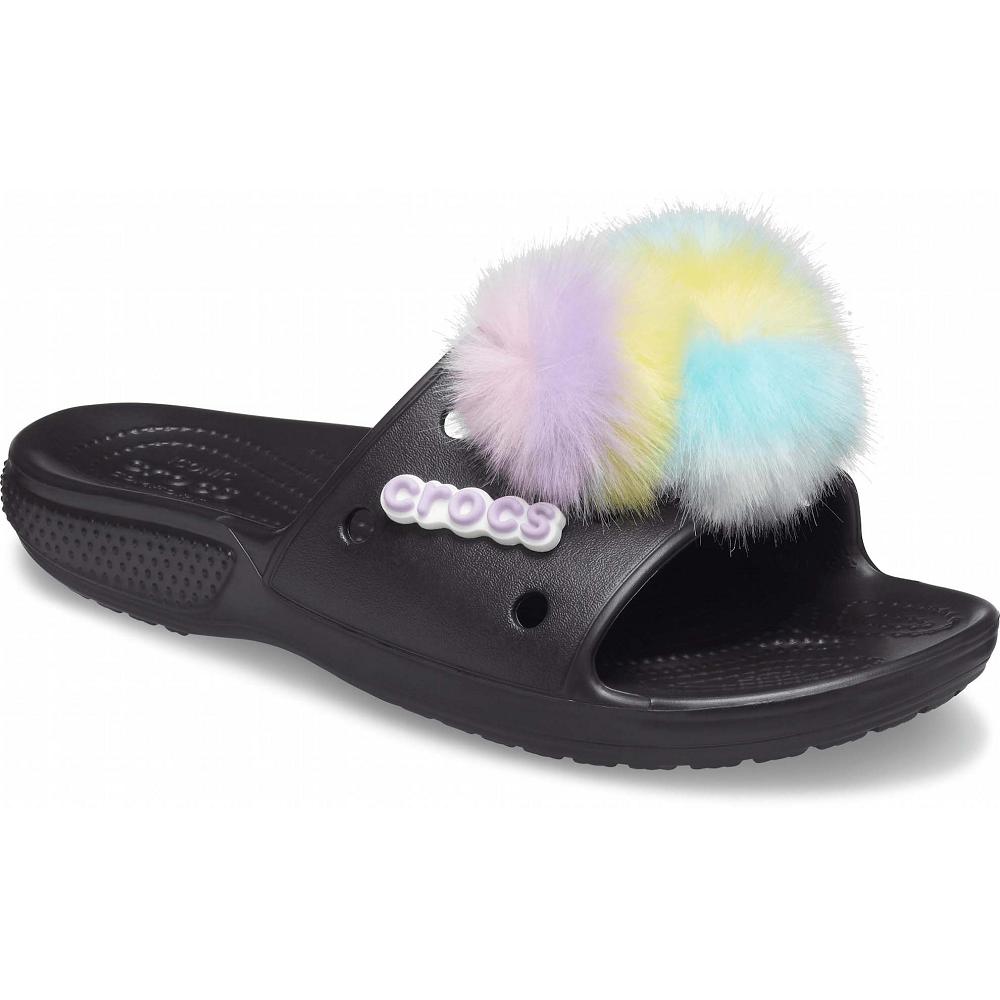 Black Men's Crocs Classic Fur Sure Slides | NZ 1282ILHS